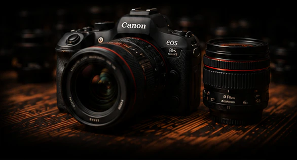 Canon camera and professional lens on a dark studio surface