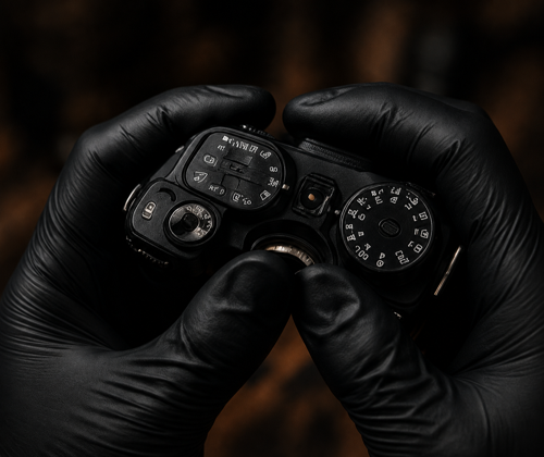 Mirrorless camera being inspected for cosmetic and functional condition