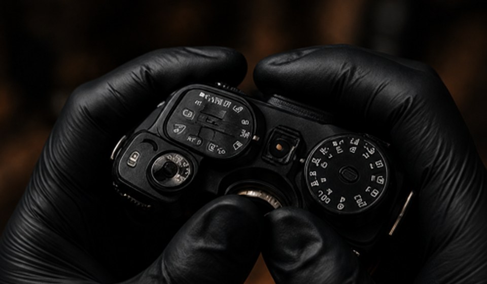 Used camera body and lens inspected from the front