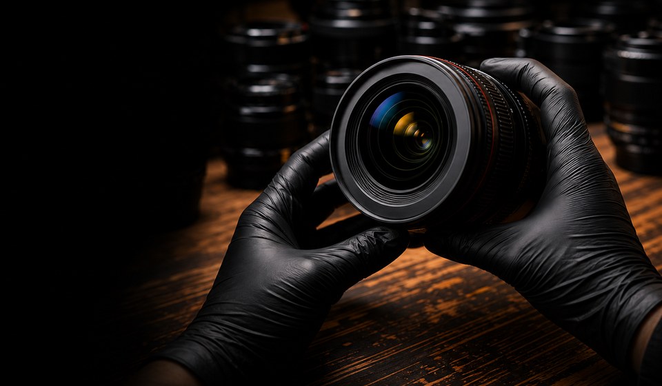 Hands checking the glass and barrel of a used camera lens