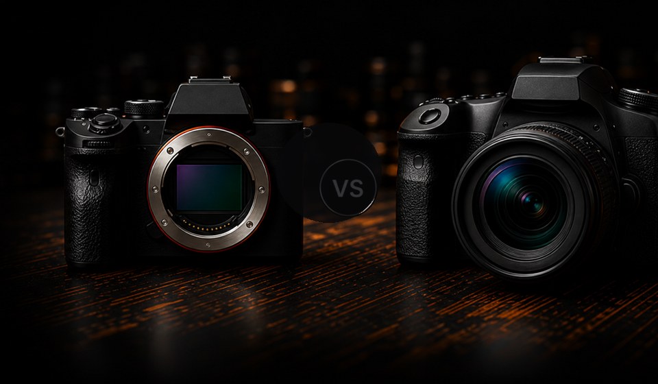 A mirrorless camera and a DSLR compared side by side