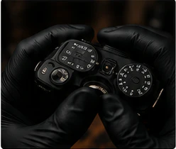 Camera controls being inspected by gloved hands