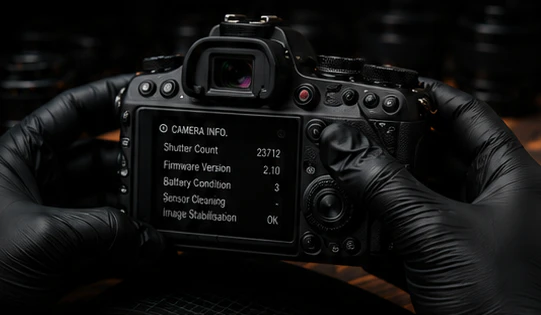 A camera being inspected by a specialist wearing gloves