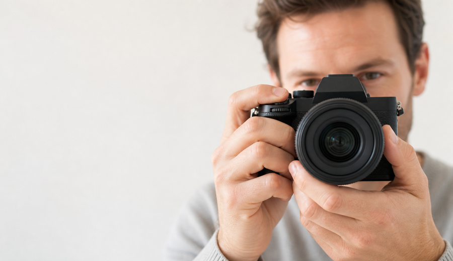 Photographer holding a mirrorless camera toward the viewer