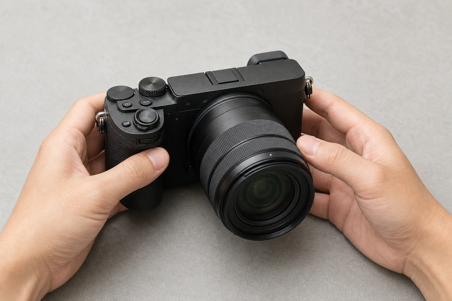 Hands inspecting the condition of a mirrorless camera