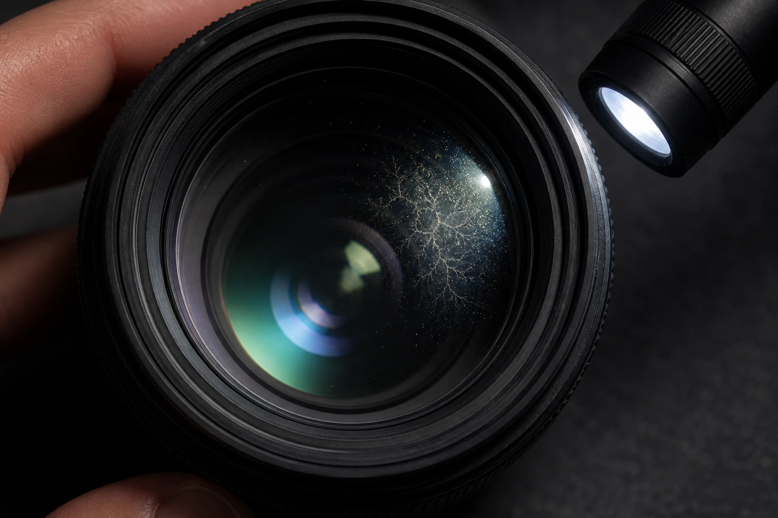 Camera lens front element inspected for fungus and haze