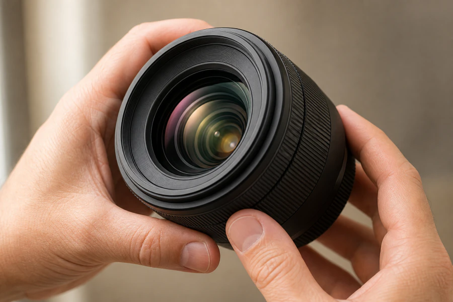 Hands checking the glass and barrel of a used camera lens