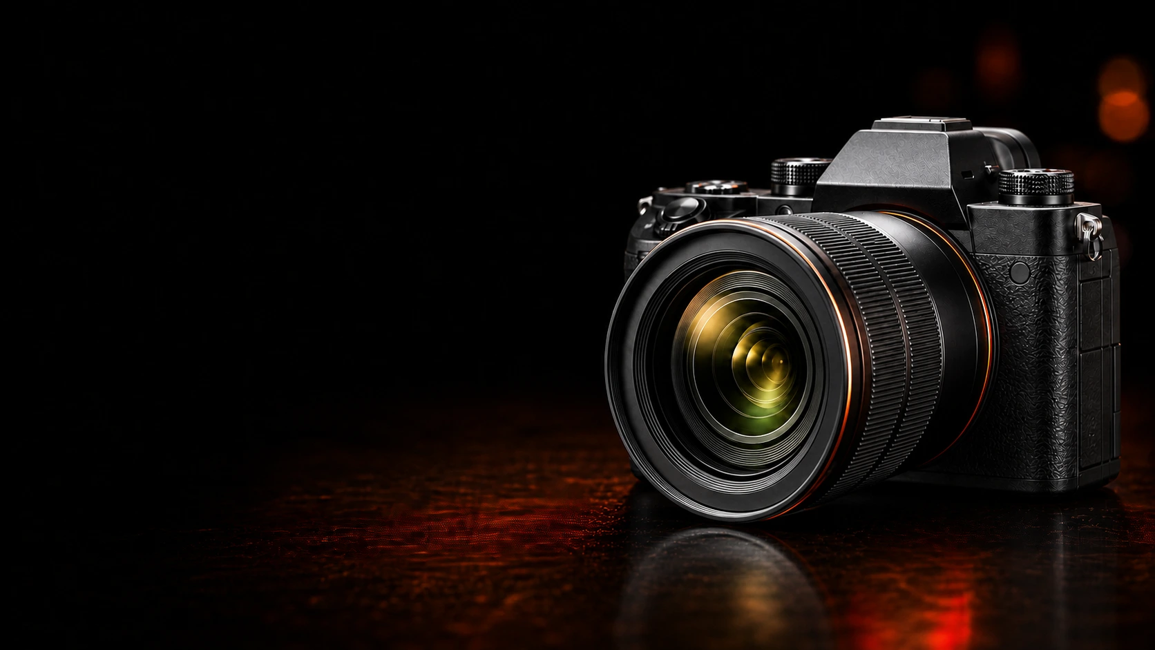 Large black mirrorless camera with a zoom lens on a dark studio surface