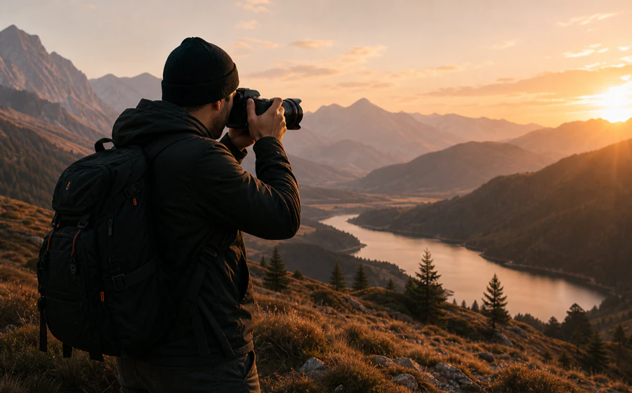 Photographer taking a picture across a mountain lake at sunset