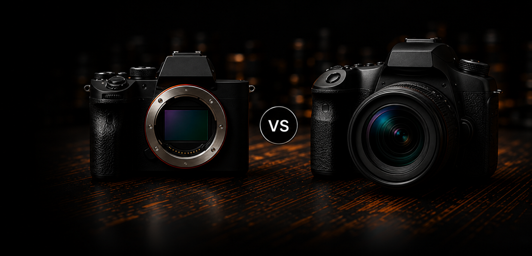 A mirrorless camera and a DSLR compared side by side in a dark studio