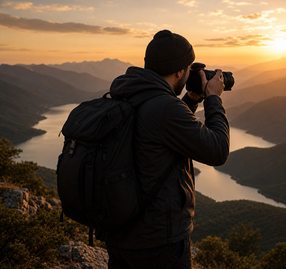 An outdoor photographer photographing mountains at sunset