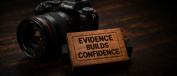Black mirrorless camera beside a wooden sign reading Evidence Builds Confidence