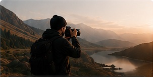 Photographer taking pictures in a mountain landscape at sunset