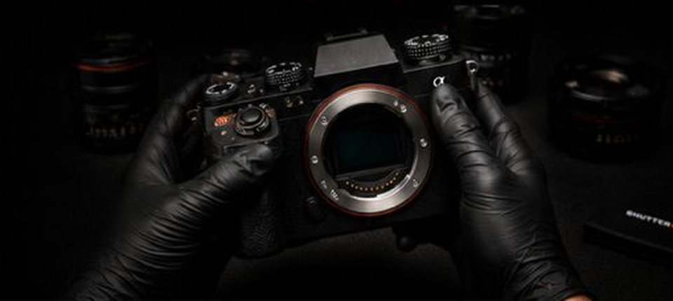 Technician inspecting a camera body with gloved hands