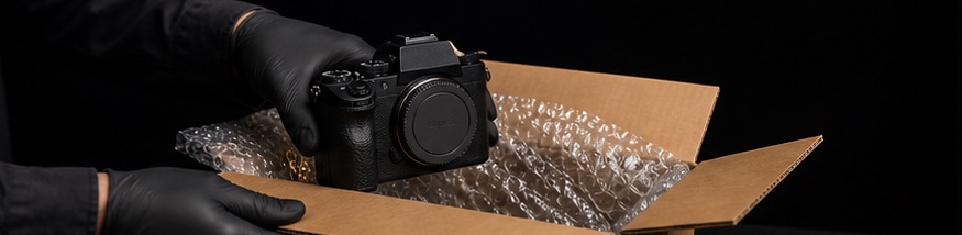 Camera being placed into protective packaging