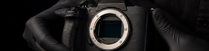 Gloved technician checking a camera sensor and body