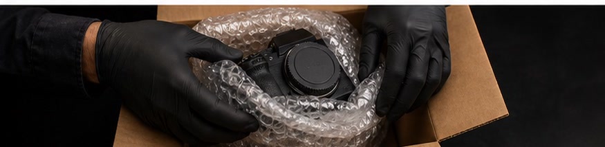 Camera carefully wrapped in bubble wrap inside a box