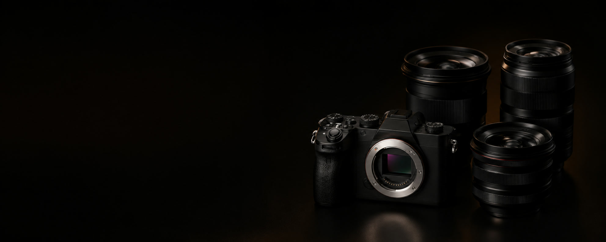 Camera body and lenses in a dark studio