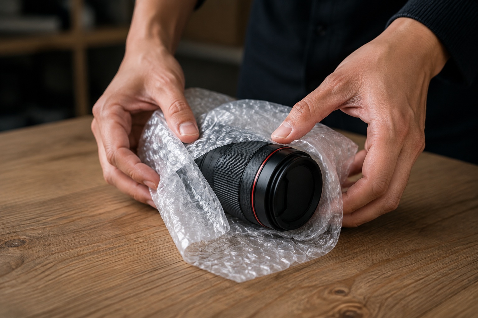Camera lens individually wrapped in protective material