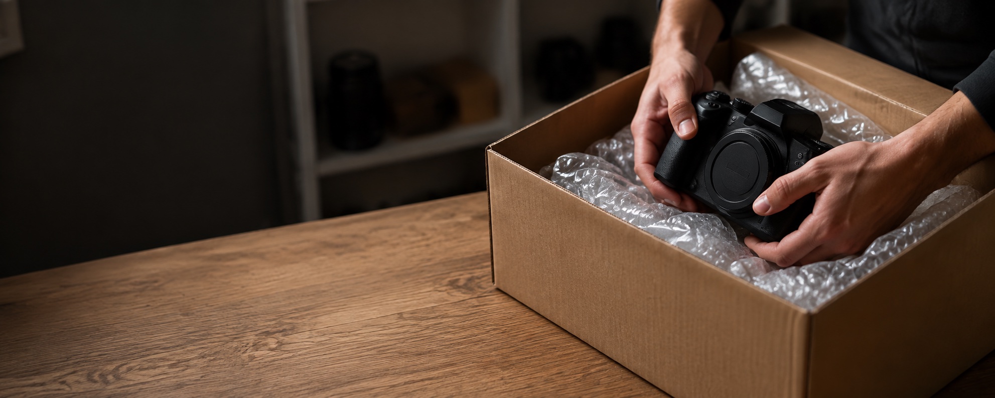 Camera equipment being placed into a protective shipping box