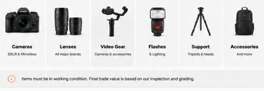 Accepted camera gear categories
