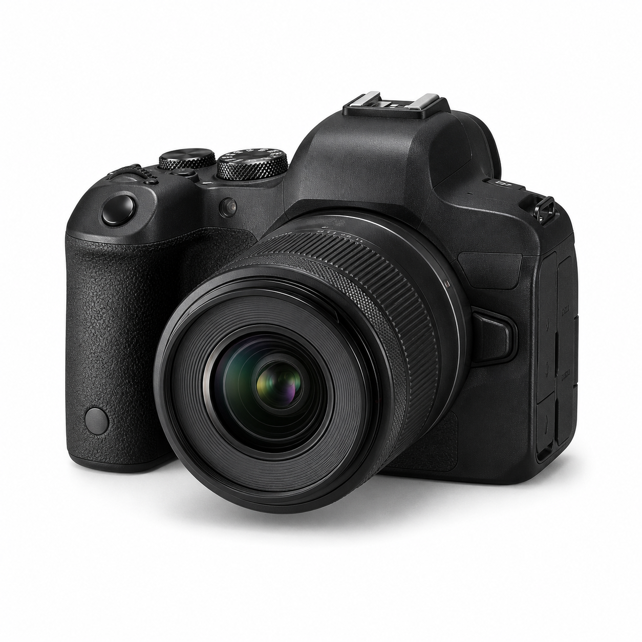 Illustrative black mirrorless camera with zoom lens